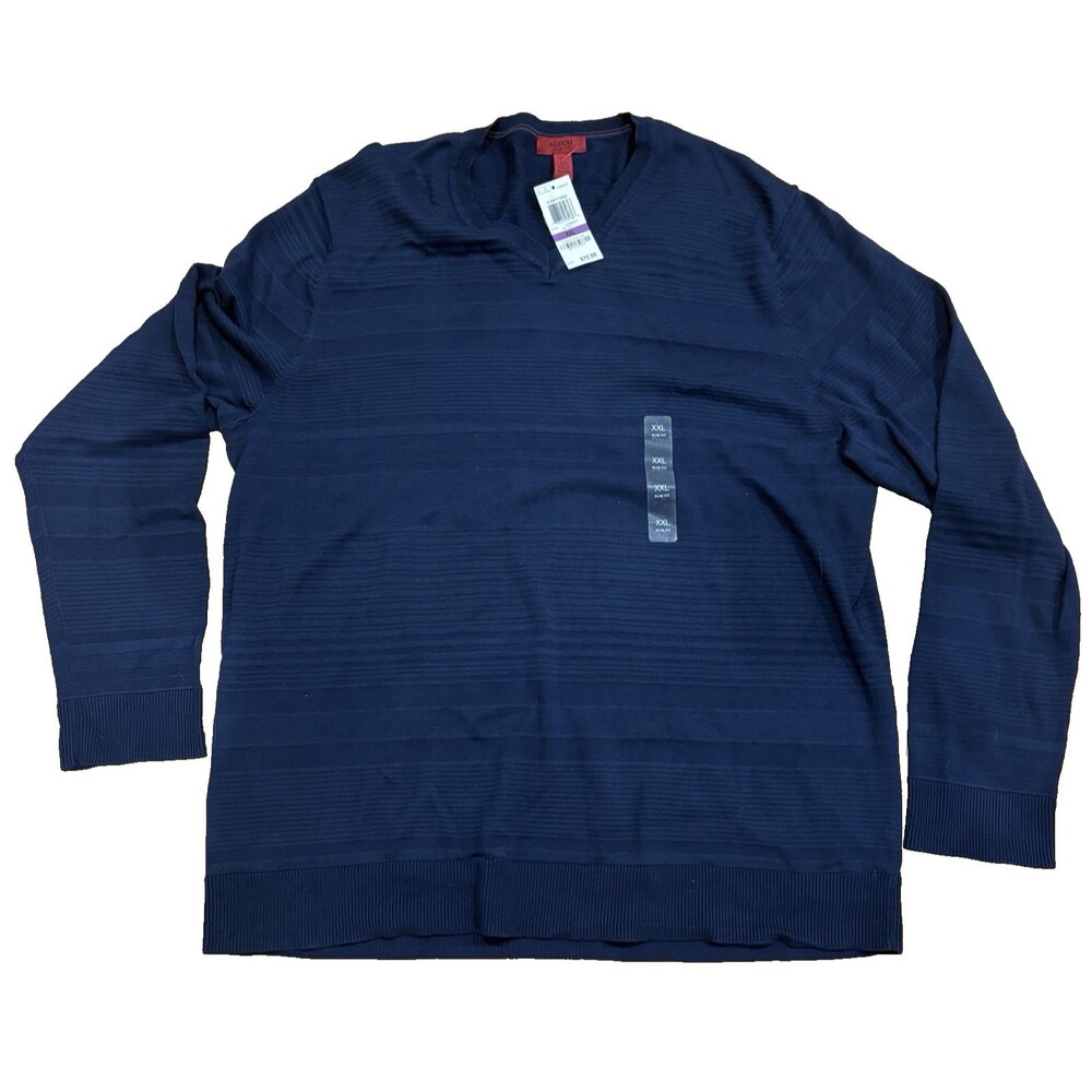 ALFANI Sweater Men's XXL Slim Fit Long Sleeve V-Neck Navy Blue Cotton Blend NWT